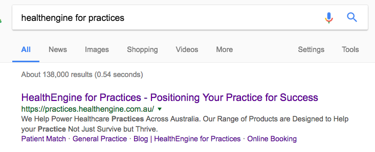 Screenshot of Google SERP for HealthEngine for practices