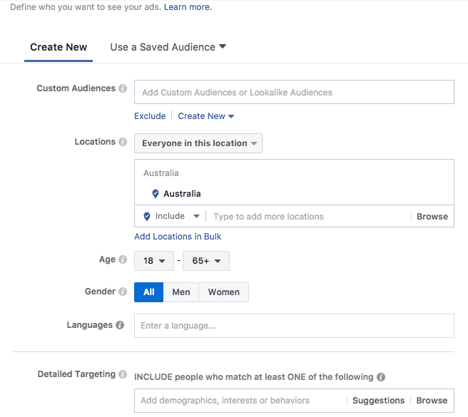 Screenshot of audience targeting in Facebook Ads Manager