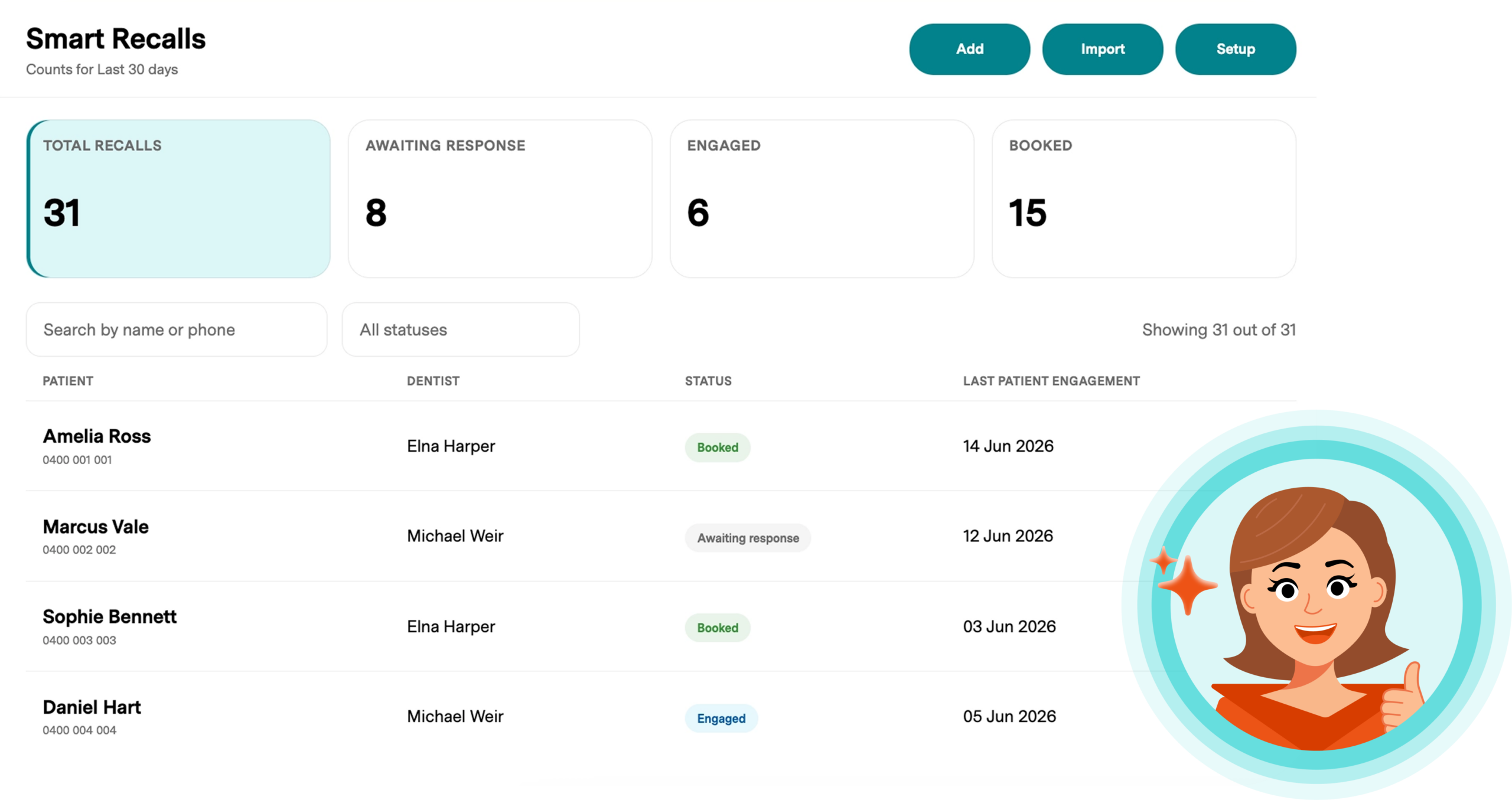 Smart Recalls dashboard showing total recalls, awaiting response, engaged and booked